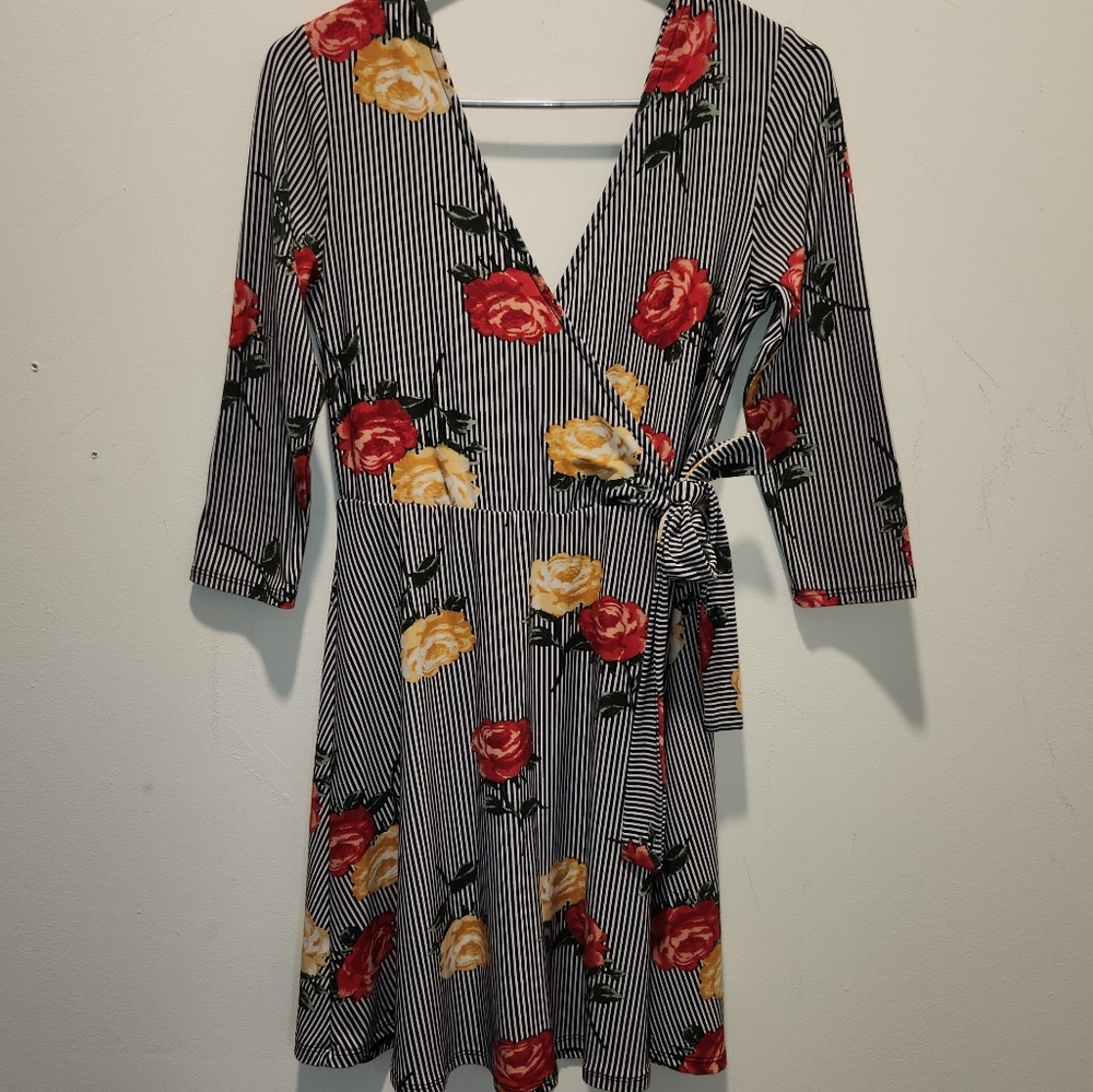 Eccentric Stripe Roses Mini Dress Size Medium No Boundaries Quarter Sleeve - Picture 3 of 7